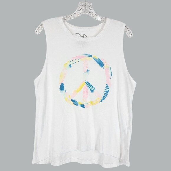 Chaser Graphic Tank Top Womens Size Large Feather Neon Pastel Peace Sign Boho - Picture 1 of 10